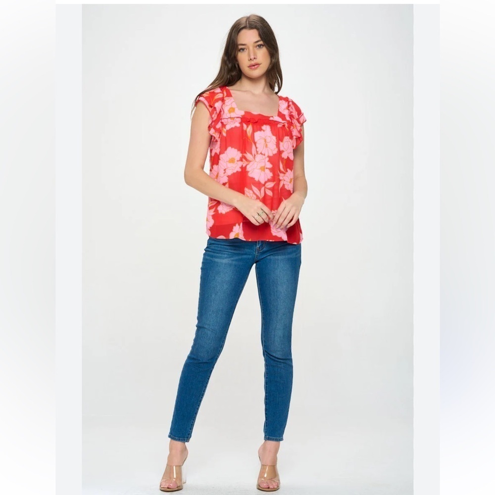 Jodifl Red & Pink Square Neck Floral Blouse - Picture 7 of 8